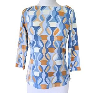J McLaughlin Blue & Tan Wavesong Tee Top Size Small 3/4 Sleeve Catalina Fall